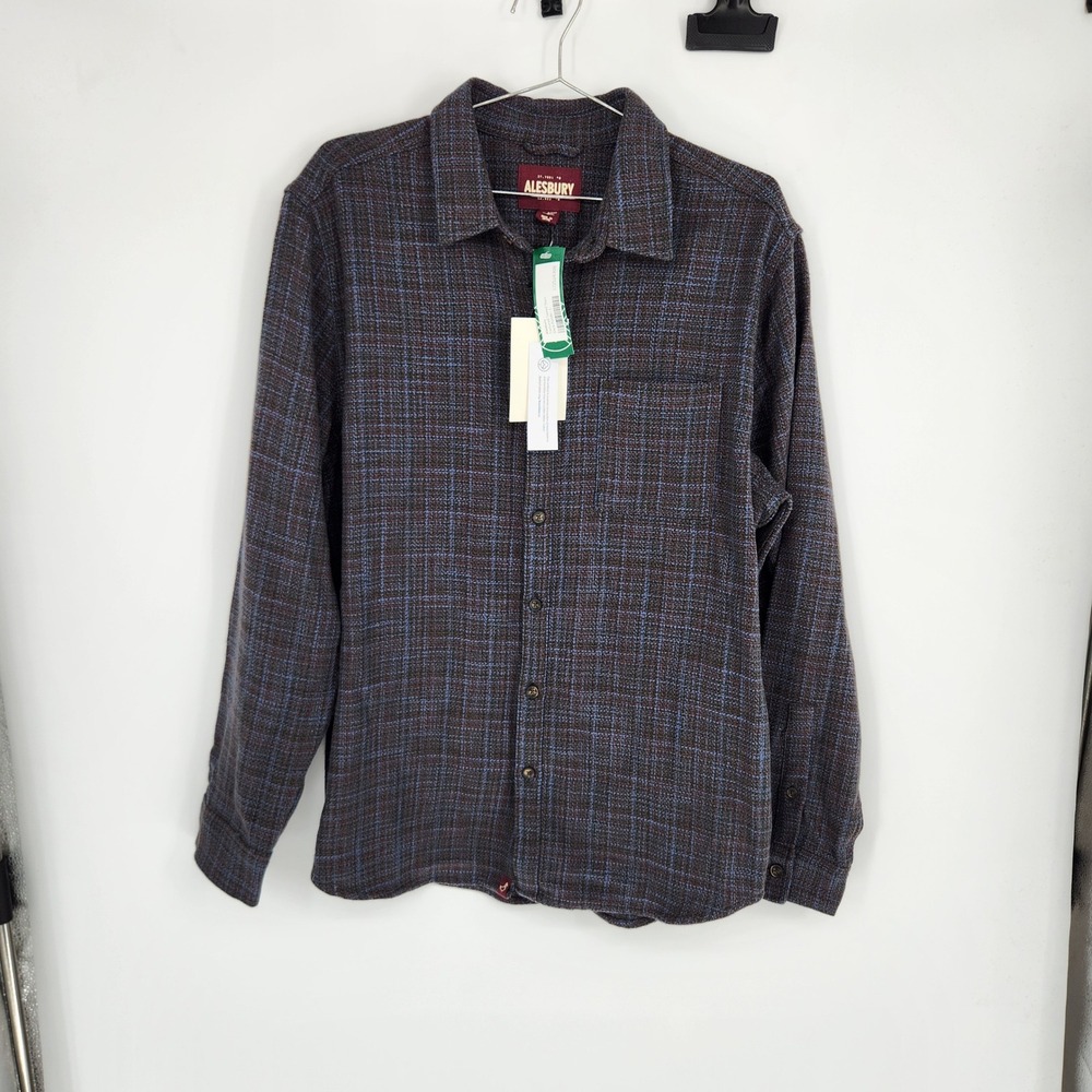 Alesbury Mens Textured Tweed Shirt Dark Purple Blue Cotton Button Down Large NEW
